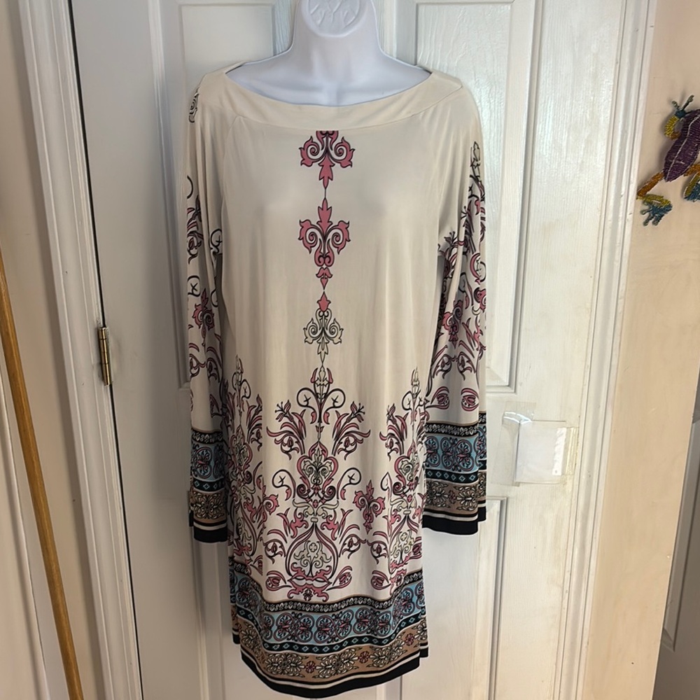 Elegant Cream and Pink Patterned Women's Dress